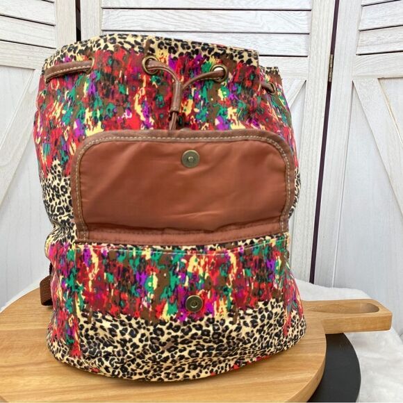 Bongo Leopard Print Multicolor Canvas Backpack Brown Multi - Picture 7 of 11